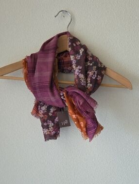 J. Jill Patchwork Square Scarf Purple & Rust 41"x41" Floral Plaid NEW Boho